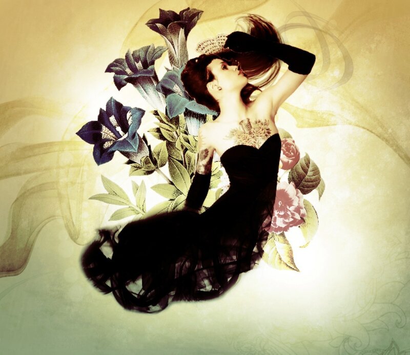 Woman in Black Dress — Dramatic, Digital Art, Flowers, Tattoos