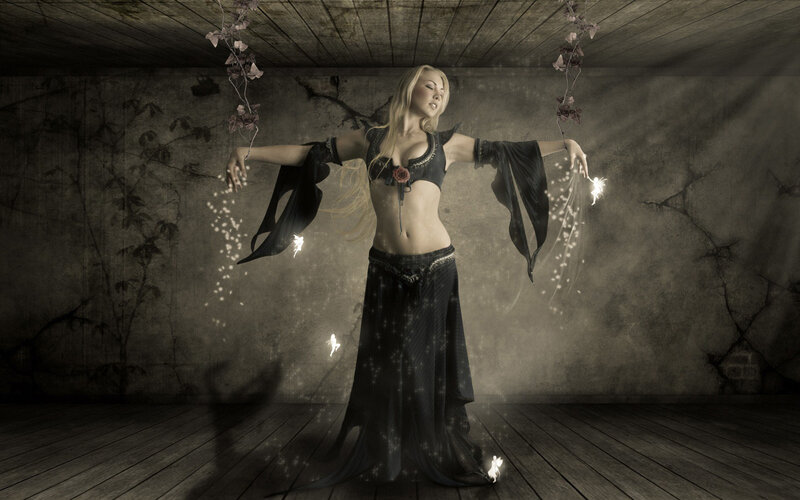 Woman in Black Dress — Dramatic, Digital Art, Flowers