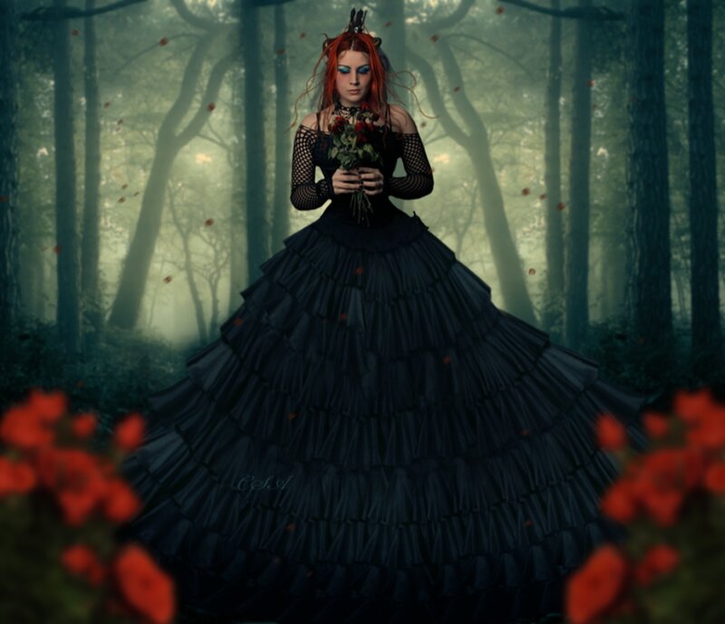 Woman in Black Dress — Dramatic, Digital Art, Forest