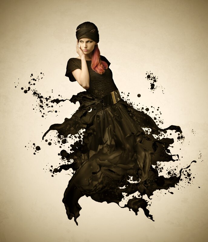 Woman in Black Dress — Dramatic, Digital Art, Hair, Splatter