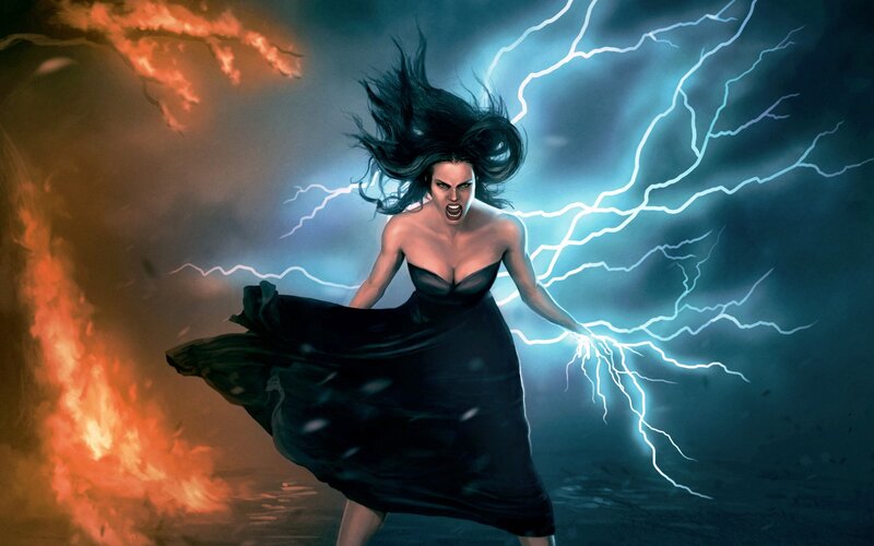 Woman in Black Dress — Dramatic, Digital Art, Lightning, Fire