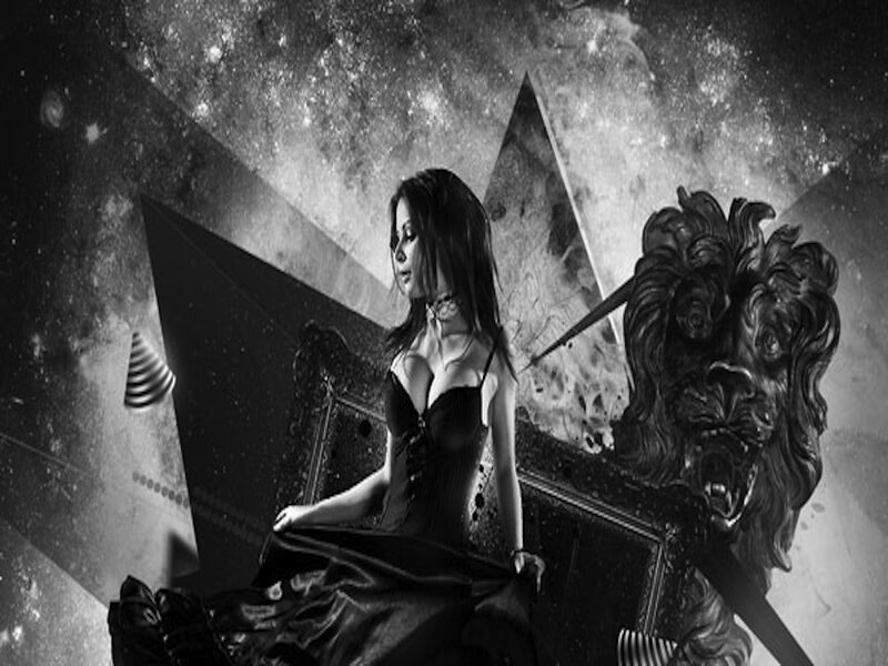 Woman in Black Dress — Dramatic, Digital Art, Lion Statue