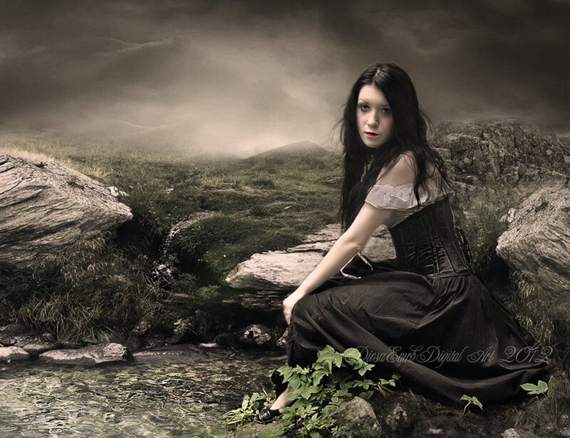 Woman in Black Dress — Dramatic, Digital Art, River