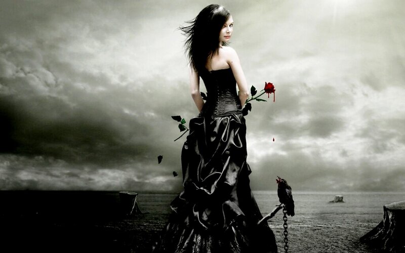Woman in Black Dress — Dramatic, Digital Art, Rose, Crow