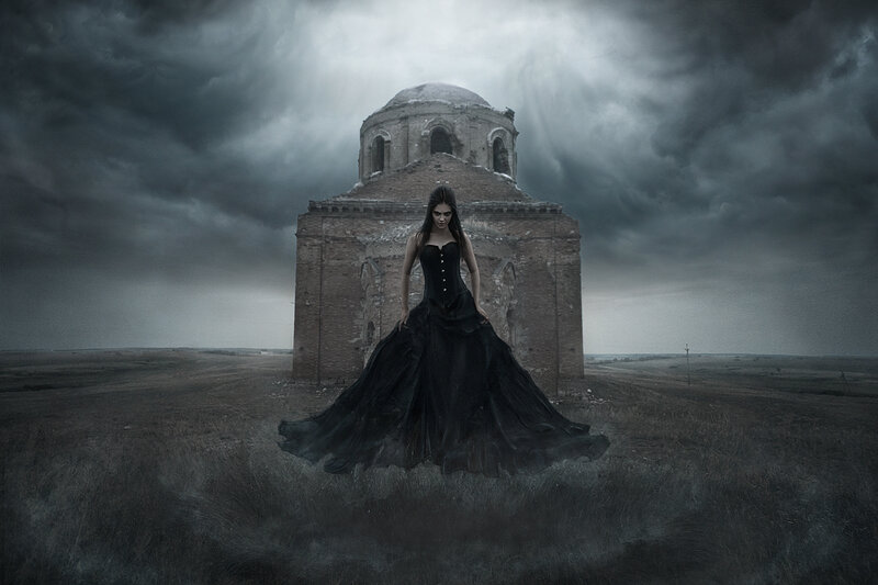 Woman in Black Dress — Dramatic, Digital Art, Ruined Building