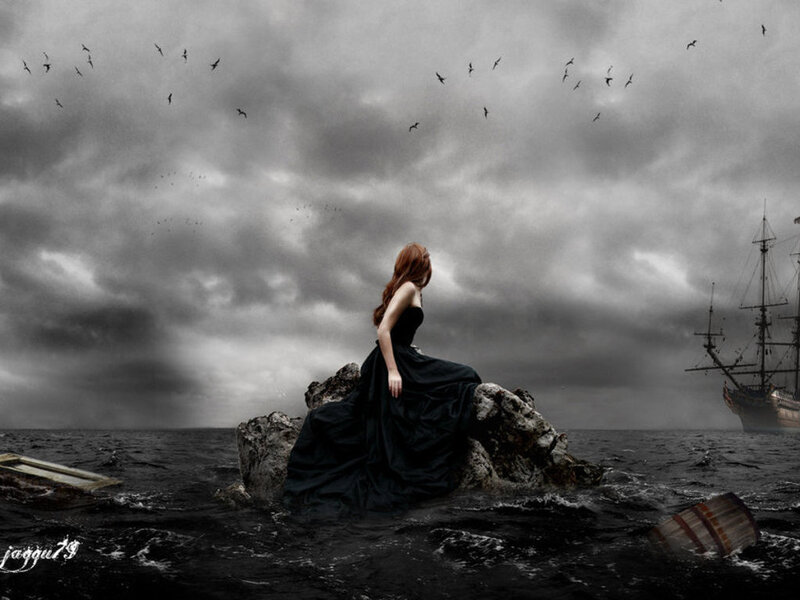 Woman in Black Dress — Dramatic, Digital Art, Ship, Birds
