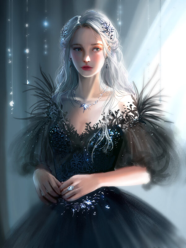 Woman in Black Dress — Dramatic, Digital Art, Silver Hair