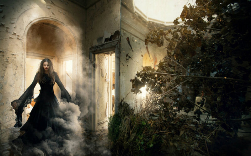 Woman in Black Dress — Dramatic, Digital Art, Smoke, Ruins