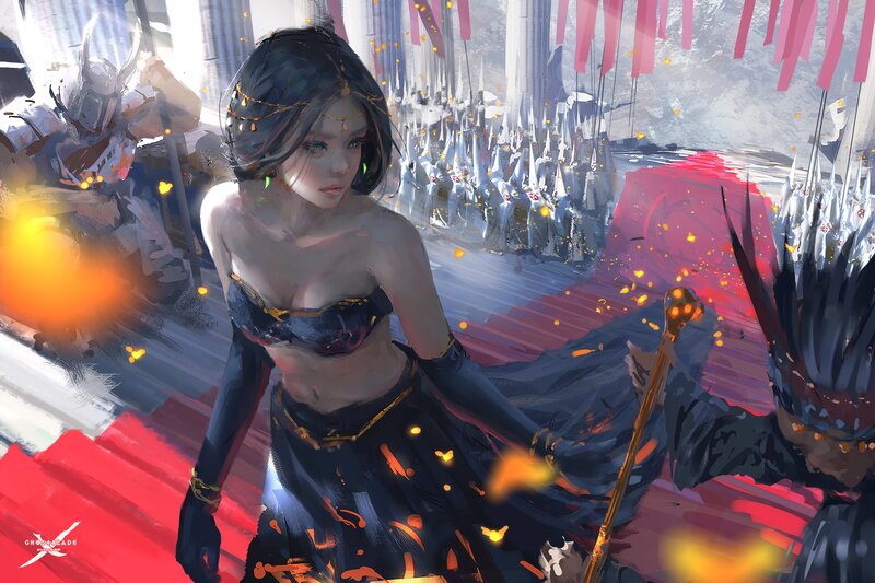 Woman in Black Dress — Dramatic, Digital Art, Soldiers, Fire