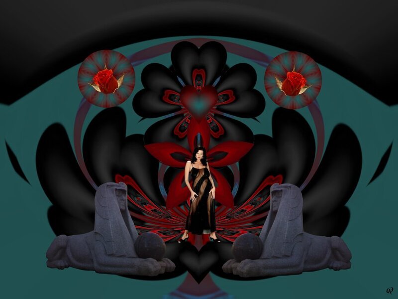 Woman in Black Dress — Dramatic, Digital Art, Sphinx Statues