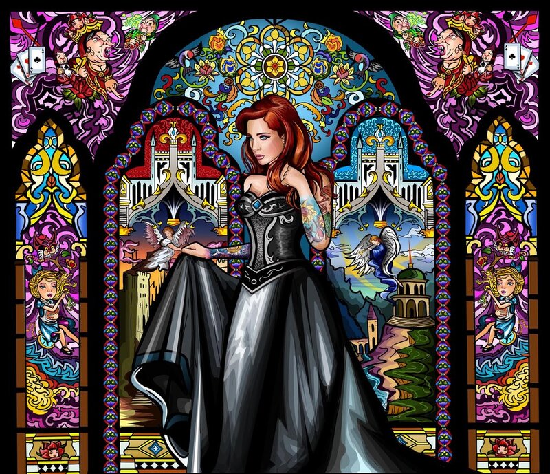 Woman in Black Dress — Dramatic, Digital Art, Stained Glass