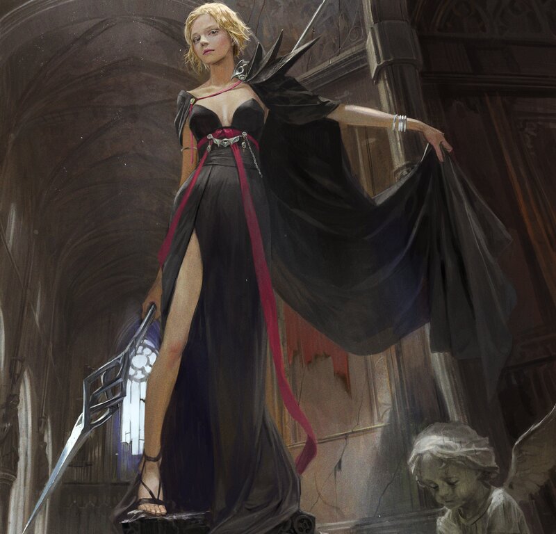 Woman in Black Dress — Dramatic, Digital Art, Sword, Cathedral
