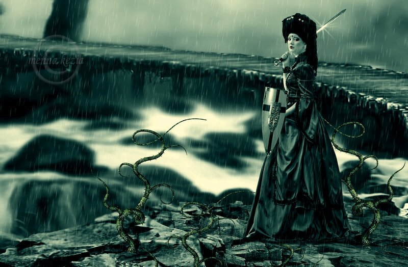 Woman in Black Dress — Dramatic, Digital Art, Sword, Shield