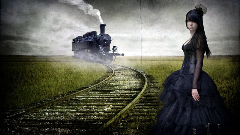 Woman in Black Dress — Dramatic, Digital Art, Train, Railroad Tracks