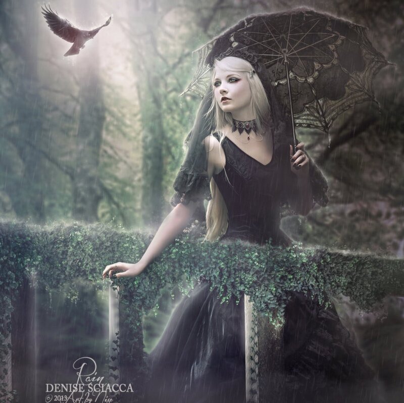 Woman in Black Dress — Dramatic, Digital Art, Umbrella, Bird