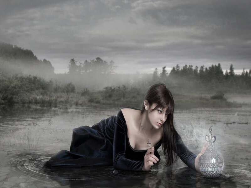 Woman in Black Dress — Dramatic, Morning, Digital Art, Bottle