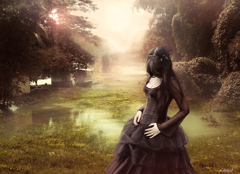 Woman in Black Dress — Dramatic, Morning, Digital Art, Forest