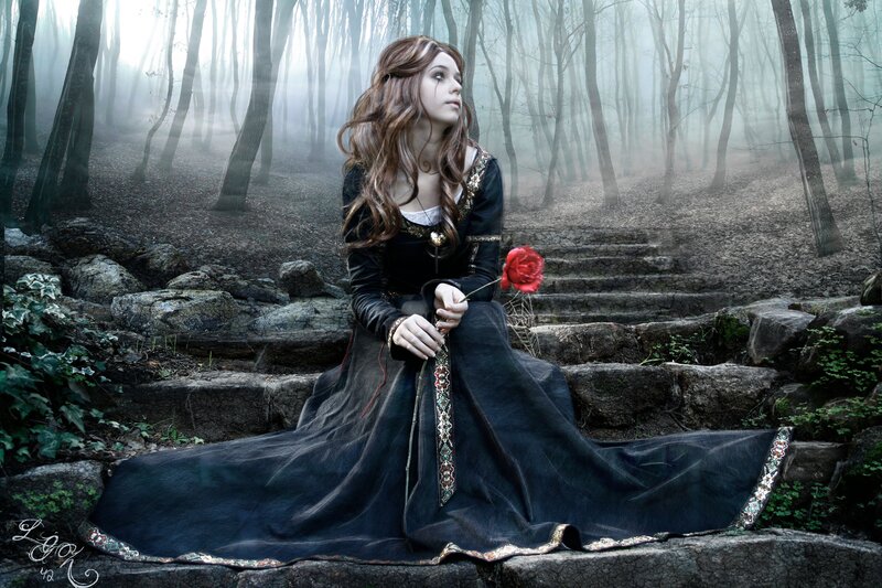 Woman in Black Dress — Dramatic, Morning, Digital Art, Rose