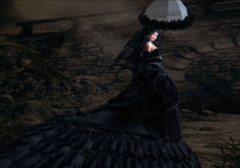 Woman in Black Dress — Dramatic, Night, 3d Render, Umbrella