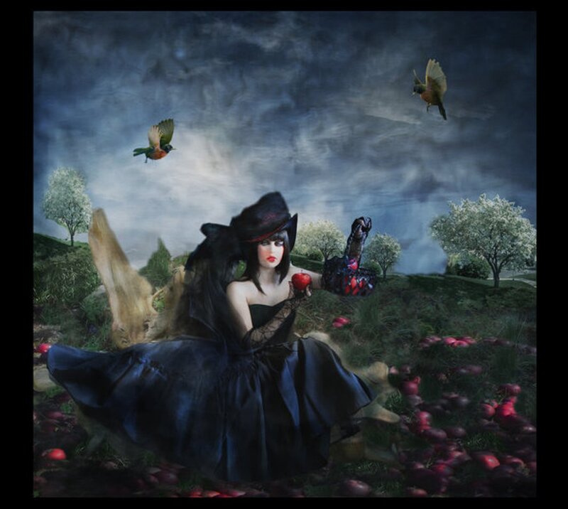 Woman in Black Dress — Dramatic, Night, Digital Art, Apples