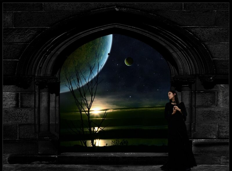 Woman in Black Dress — Dramatic, Night, Digital Art, Archway