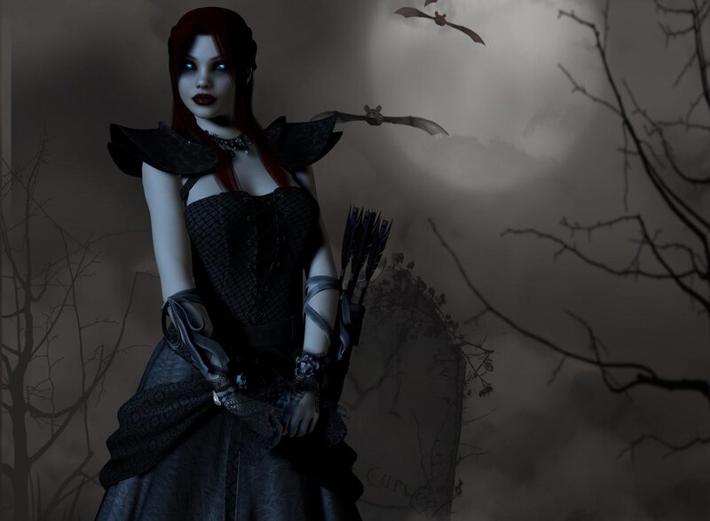 Woman in Black Dress — Dramatic, Night, Digital Art, Arrows