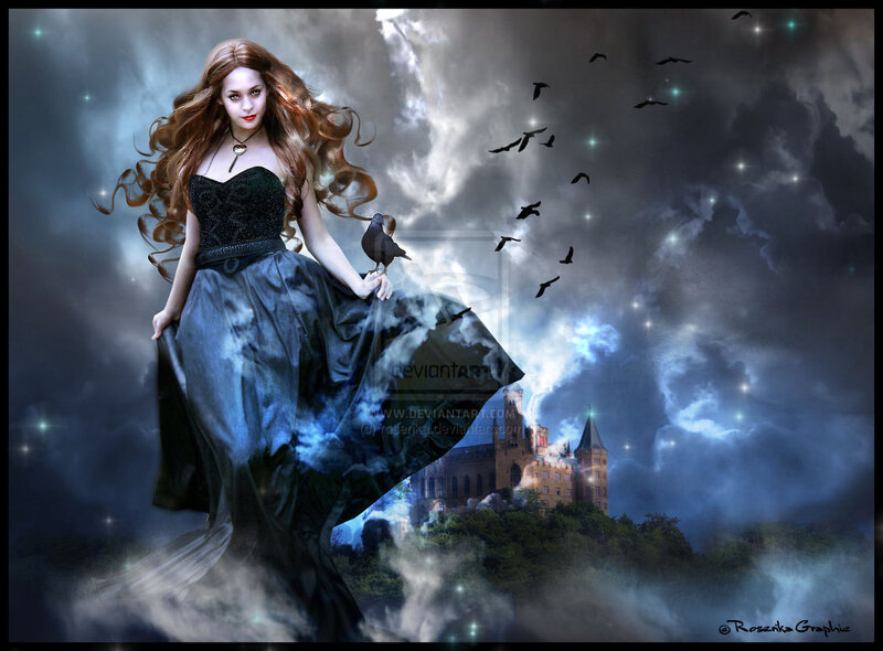 Woman in Black Dress — Dramatic, Night, Digital Art, Bird, Castle