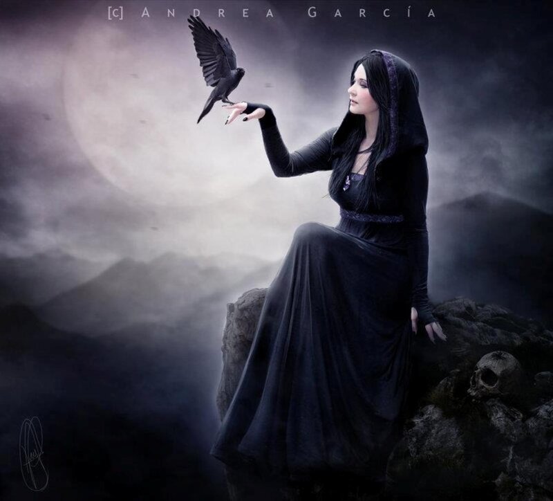 Woman in Black Dress — Dramatic, Night, Digital Art, Bird, Moon