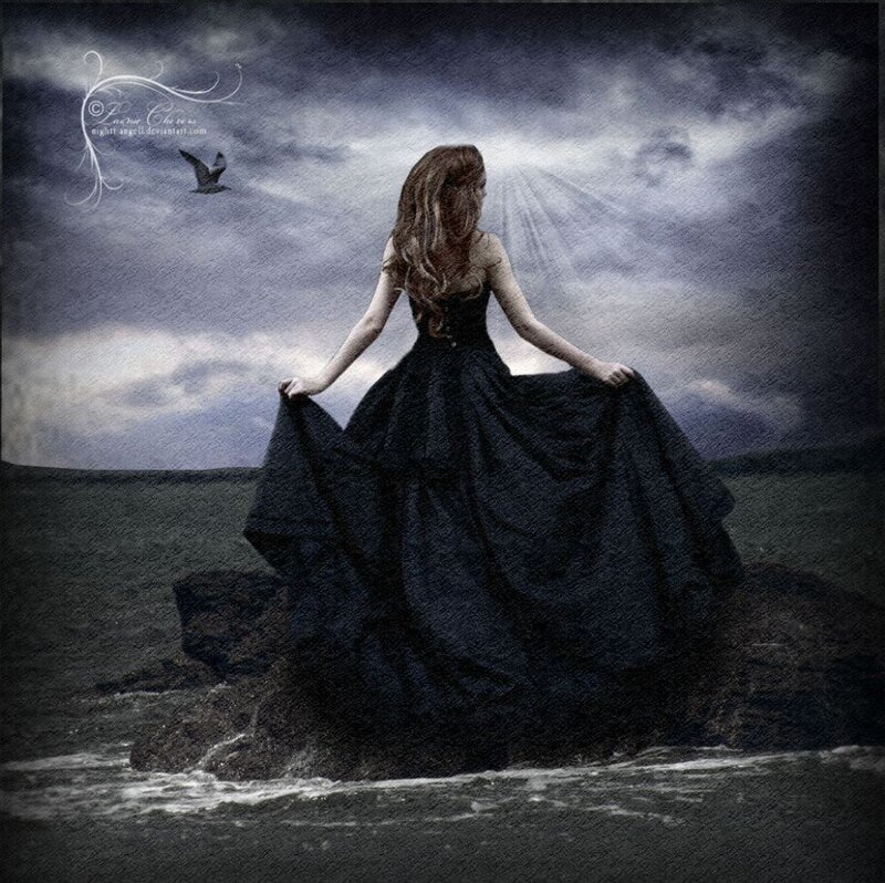 Woman in Black Dress — Dramatic, Night, Digital Art, Bird, Rocks