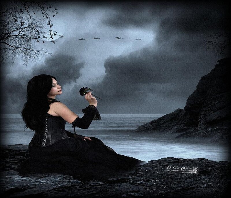 Woman in Black Dress — Dramatic, Night, Digital Art, Bird, Rose