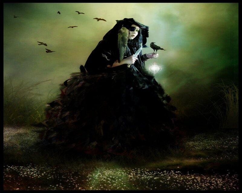 Woman in Black Dress — Dramatic, Night, Digital Art, Bird