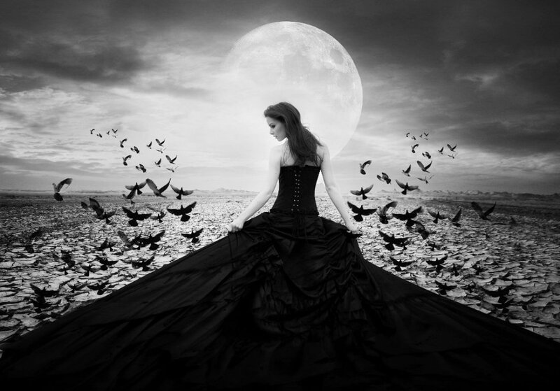 Woman in Black Dress — Dramatic, Night, Digital Art, Birds, Moon