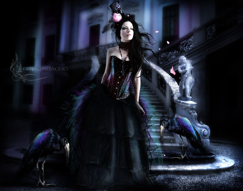 Woman in Black Dress — Dramatic, Night, Digital Art, Birds, Statue