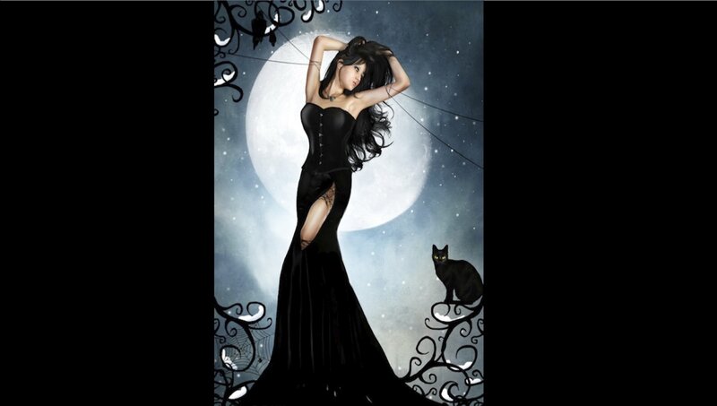 Woman in Black Dress — Dramatic, Night, Digital Art, Black Cat