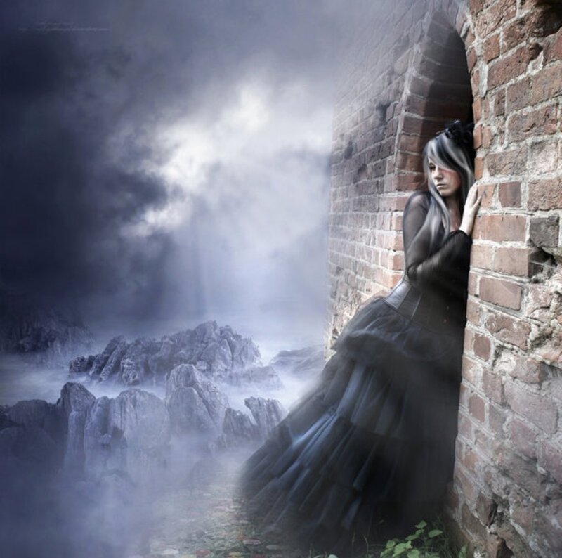 Woman in Black Dress — Dramatic, Night, Digital Art, Brick Wall