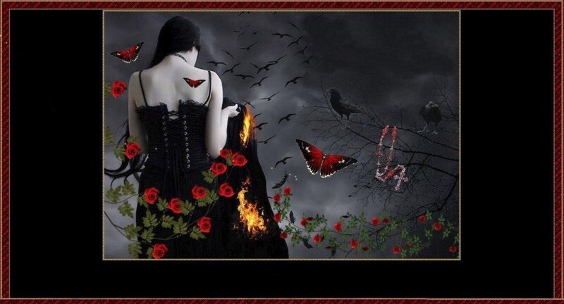 Woman in Black Dress — Dramatic, Night, Digital Art, Butterflies, Crows