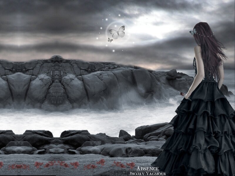 Woman in Black Dress — Dramatic, Night, Digital Art, Butterfly