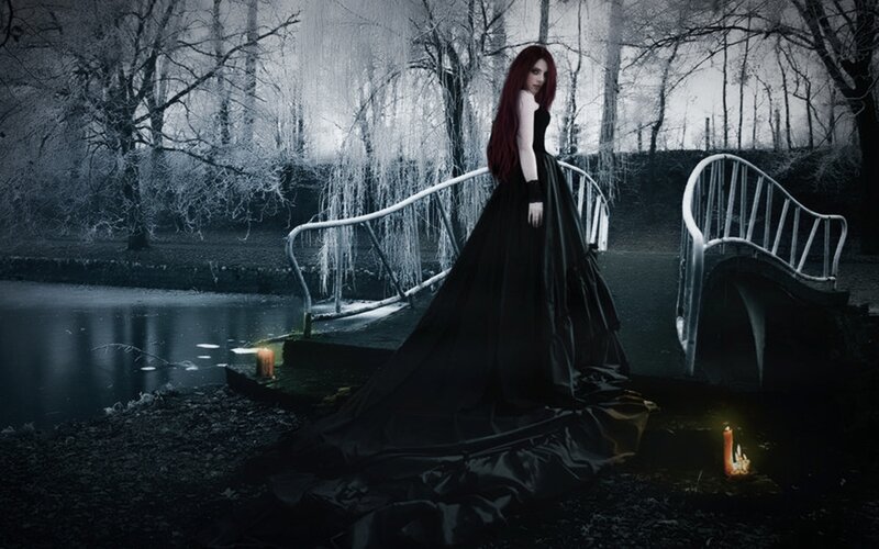 Woman in Black Dress — Dramatic, Night, Digital Art, Candle, Bridge