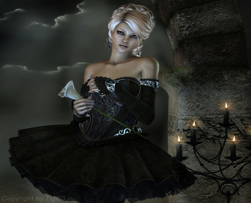 Woman in Black Dress — Dramatic, Night, Digital Art, Candle, Flower