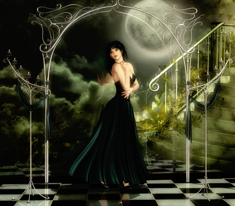 Woman in Black Dress — Dramatic, Night, Digital Art, Candle Holders