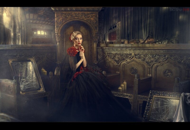 Woman in Black Dress — Dramatic, Night, Digital Art, Candles, Mirror