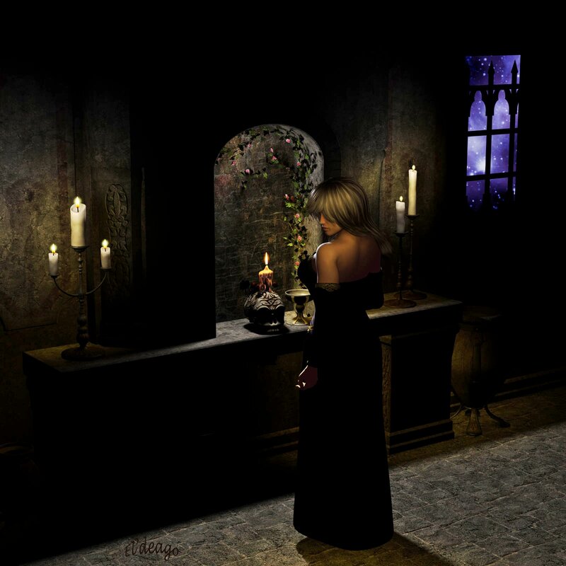 Woman in Black Dress — Dramatic, Night, Digital Art, Candles