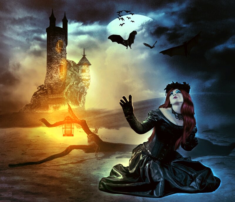 Woman in Black Dress — Dramatic, Night, Digital Art, Castle, Bats