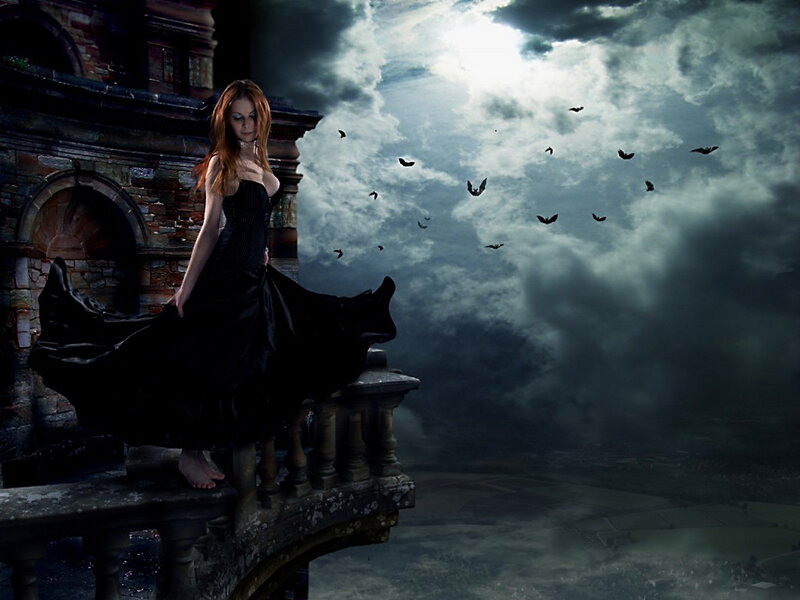 Woman in Black Dress — Dramatic, Night, Digital Art, Castle, Birds