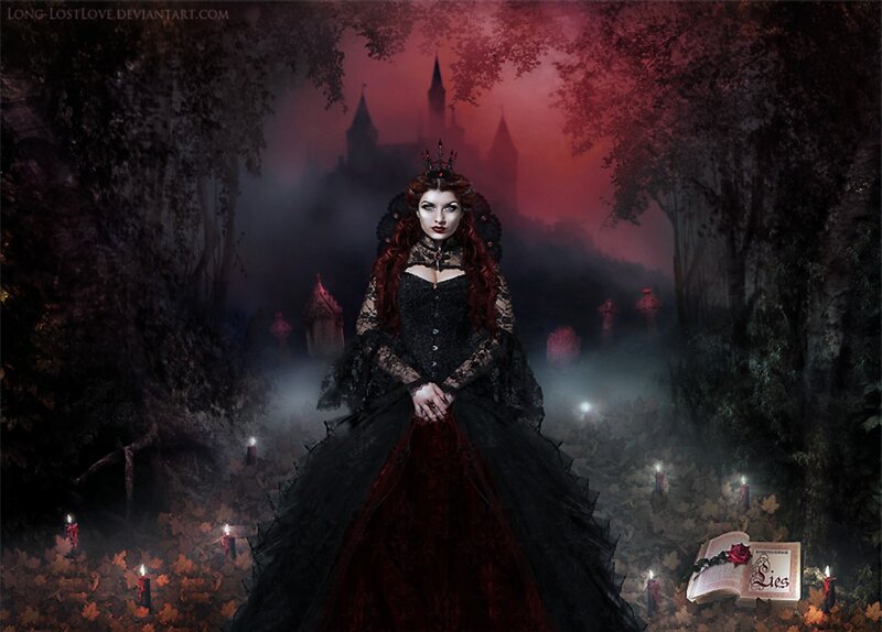 Woman in Black Dress — Dramatic, Night, Digital Art, Castle, Candles