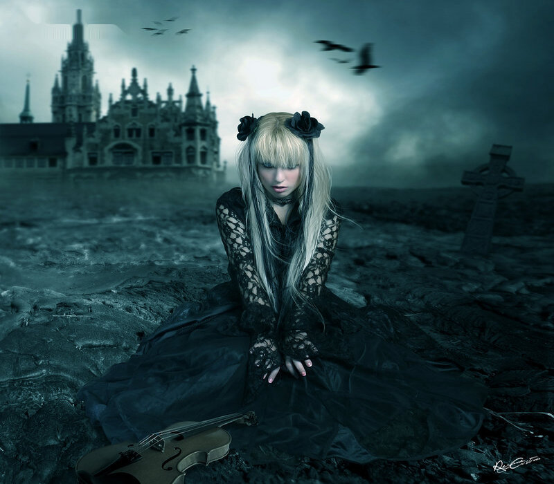 Woman in Black Dress — Dramatic, Night, Digital Art, Castle, Cross
