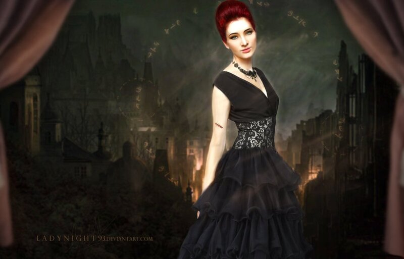 Woman in Black Dress — Dramatic, Night, Digital Art, Castle, Curtains