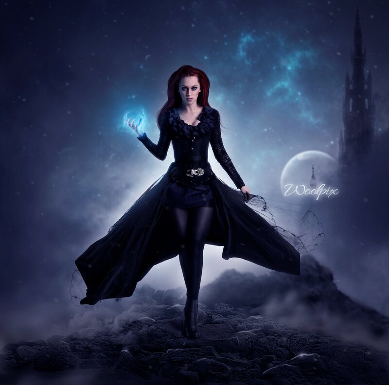 Woman in Black Dress — Dramatic, Night, Digital Art, Castle, Moon, Magic