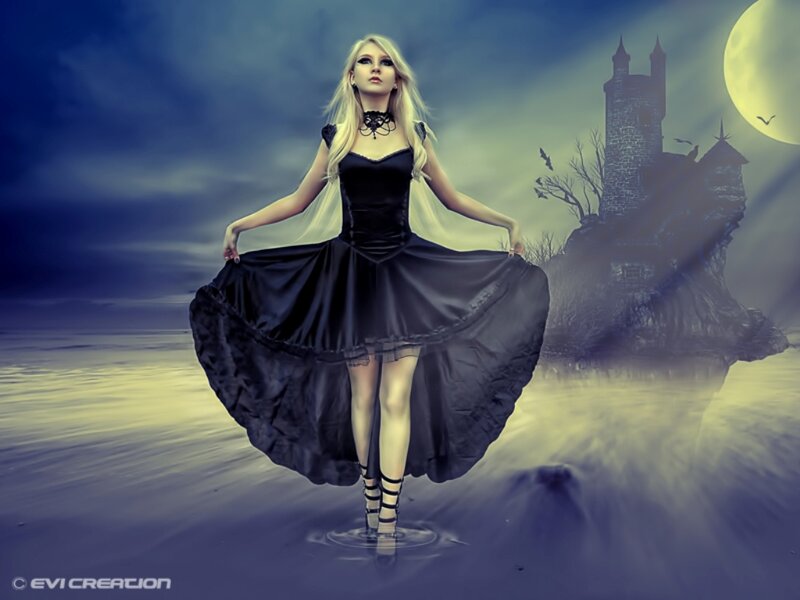 Woman in Black Dress — Dramatic, Night, Digital Art, Castle, Moon
