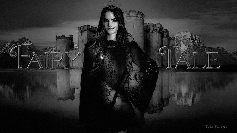 Woman in Black Dress — Dramatic, Night, Digital Art, Castle, Mountains